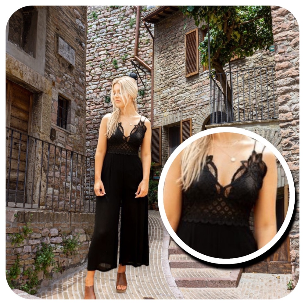 Lace Crochet Bralette Wide Leg Pants Suit Jumpsuit, XL -